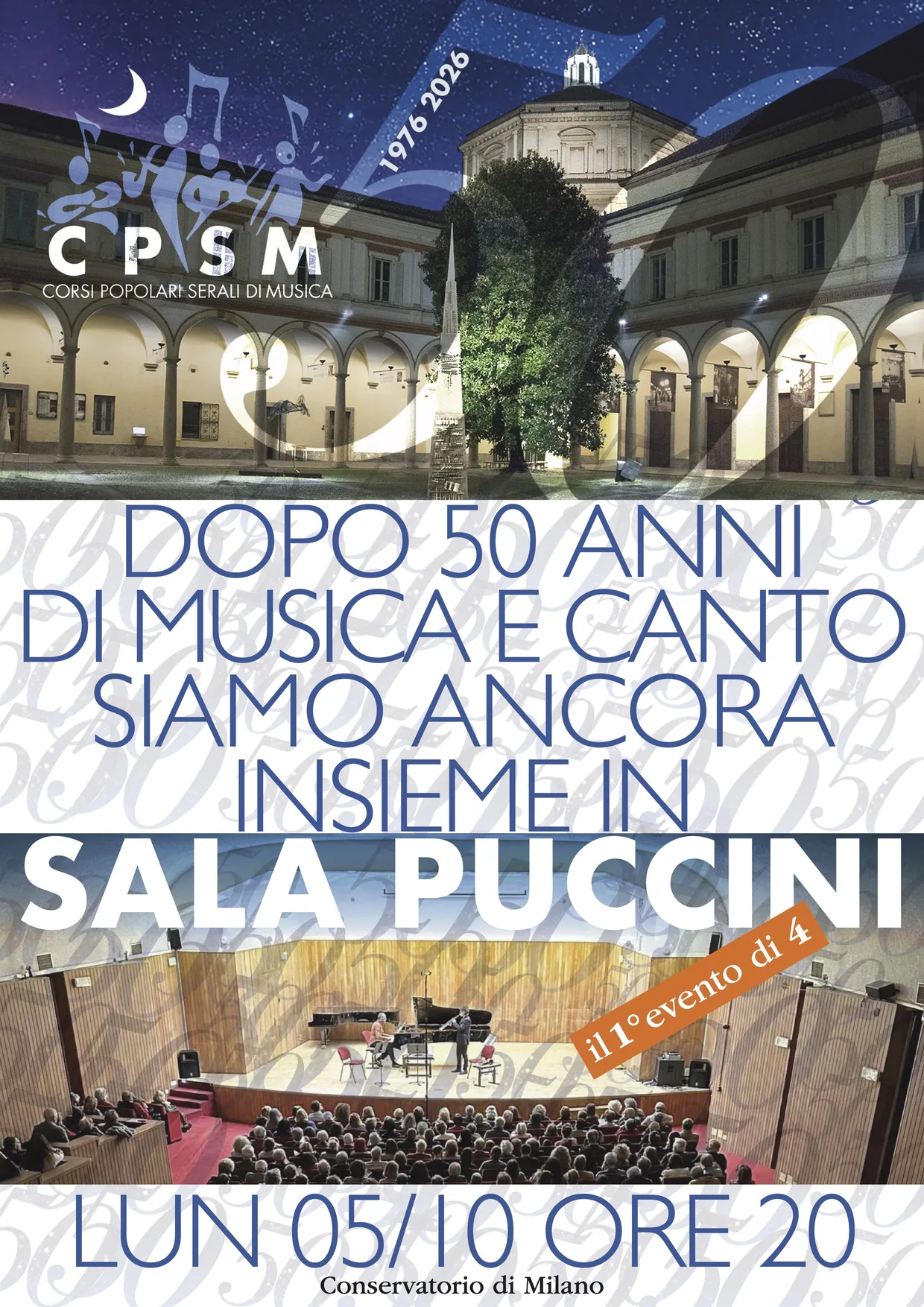CPSM poster celebrating 50 years of music and singing in Sala Puccini at the Milan Conservatory